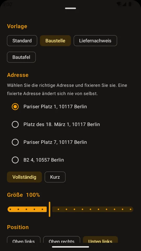 Stempelvorlagen und fixierte Adresse