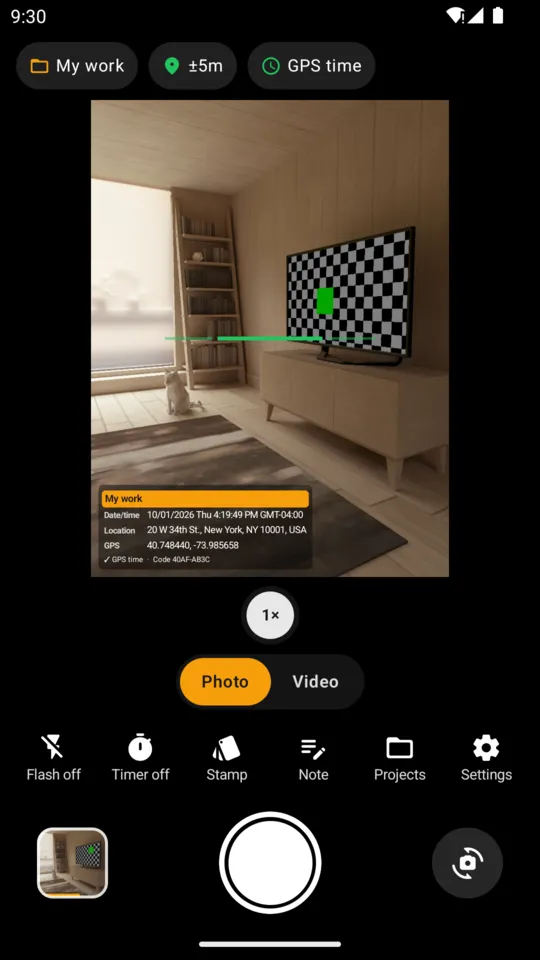 Schermata della fotocamera con anteprima del timbro