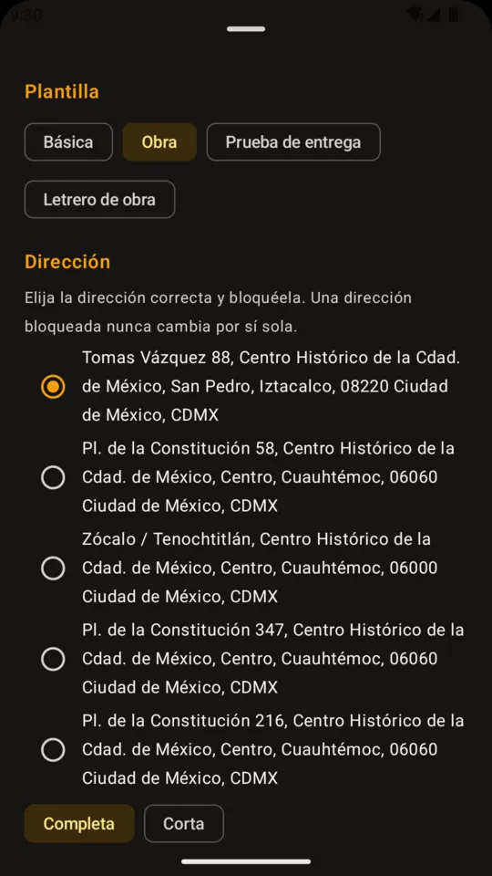 Plantillas de sello y dirección fijada
