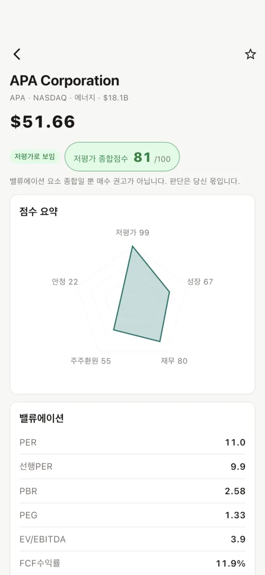 종목 상세 — 점수 요약과 밸류에이션 지표